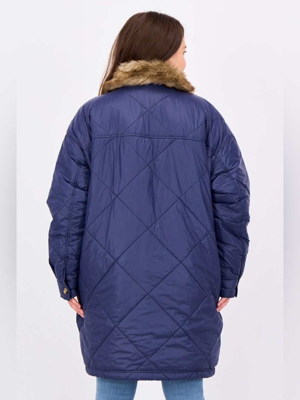 NWOT AERIE Navy Quilted Long Puffer Jacket with Faux Fur Collar Size L - Picture 4 of 15